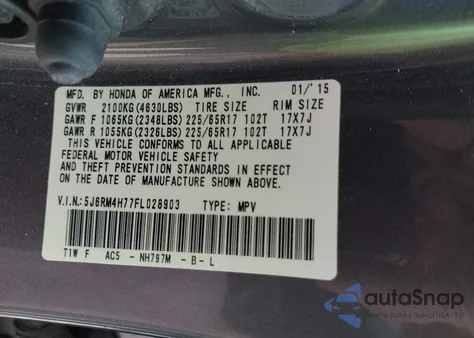 2015 Honda Cr-V Ex-L z USA, uszkodzony, nr VIN 5J6RM4H77FL028903